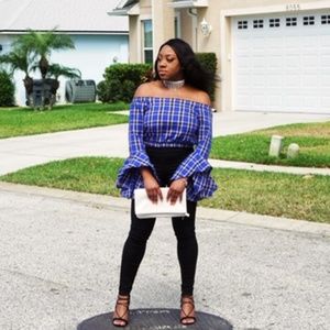 FASHION NOVA OFF THE SHOULDER PLAID TOP